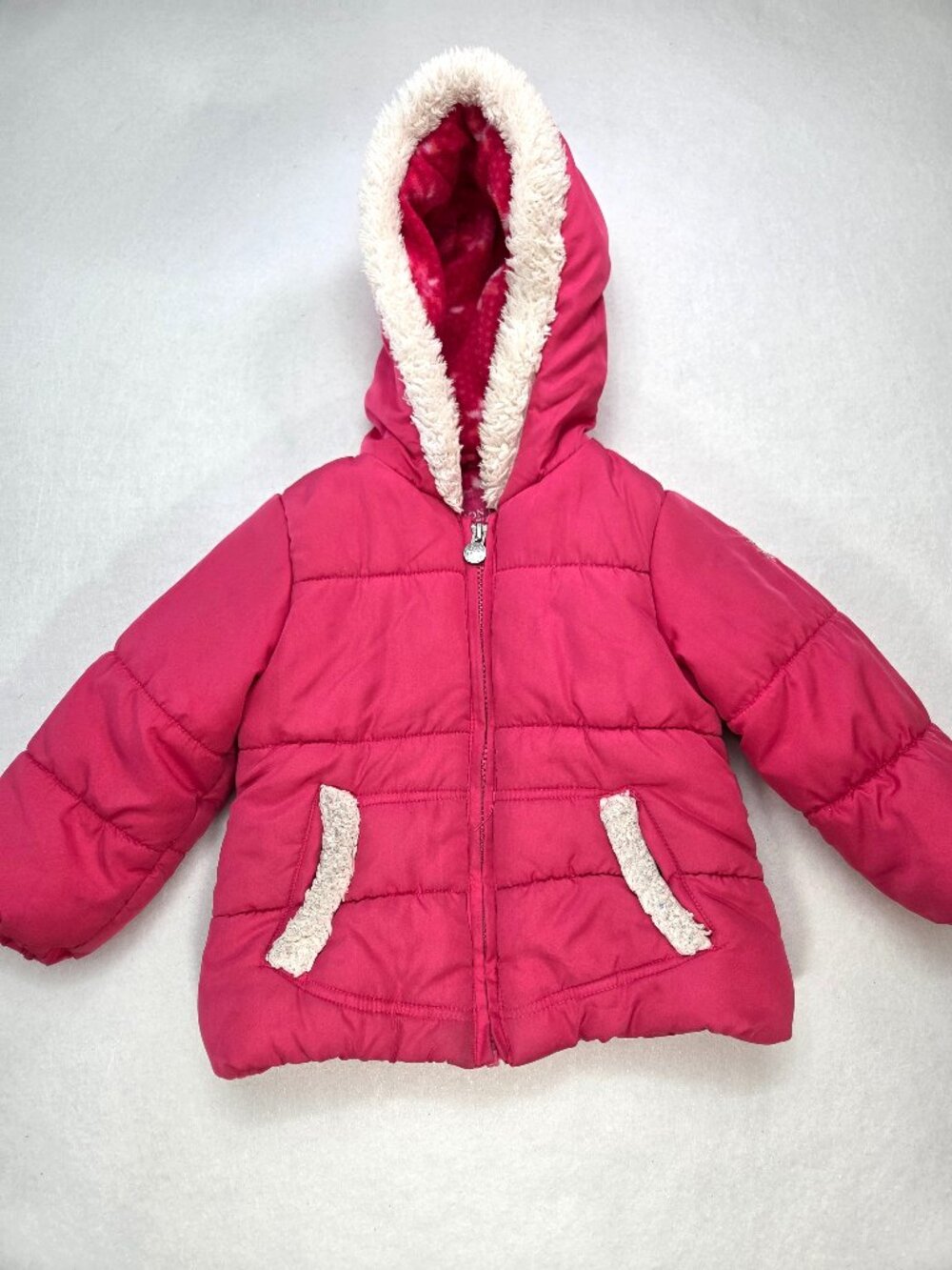London Fog Girls 3T Hot Pink Puffer Coat Faux Fur Hood Fleece Lined Winter